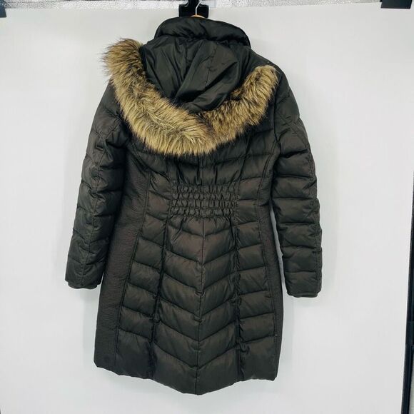 Michael Kors Gunmetal Faux-Fur-Trim Hooded Chevron Down Puffer Parka Coat Small - Picture 2 of 10